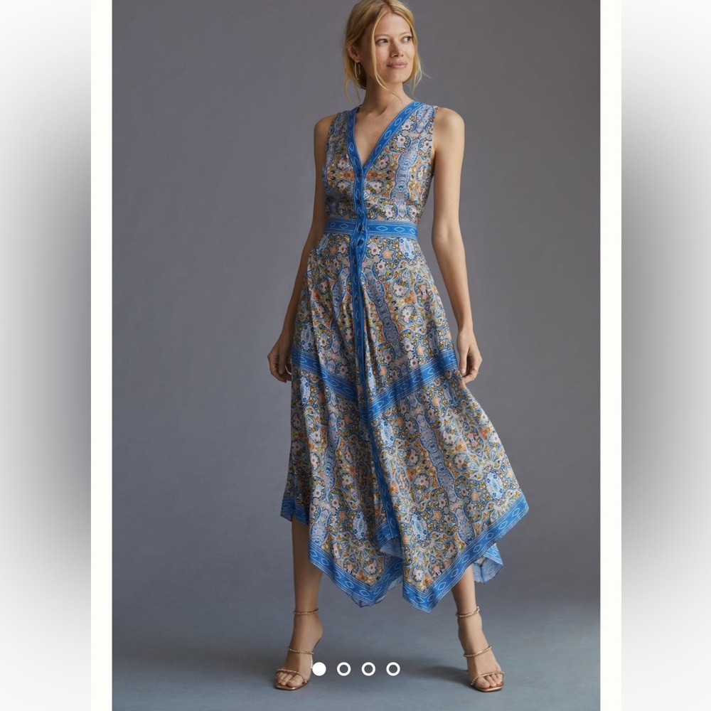 Anthropologie Blue Paisley Asymmetrical Handkerchief-Hem Midi Dress